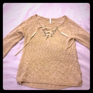Tan lace up neck sweater
